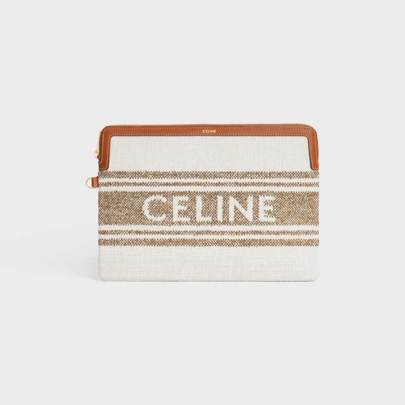 Celine Riemen In Gestreept Textiel With Celine Jacquard Zak Bruin Bruin | CL-592887