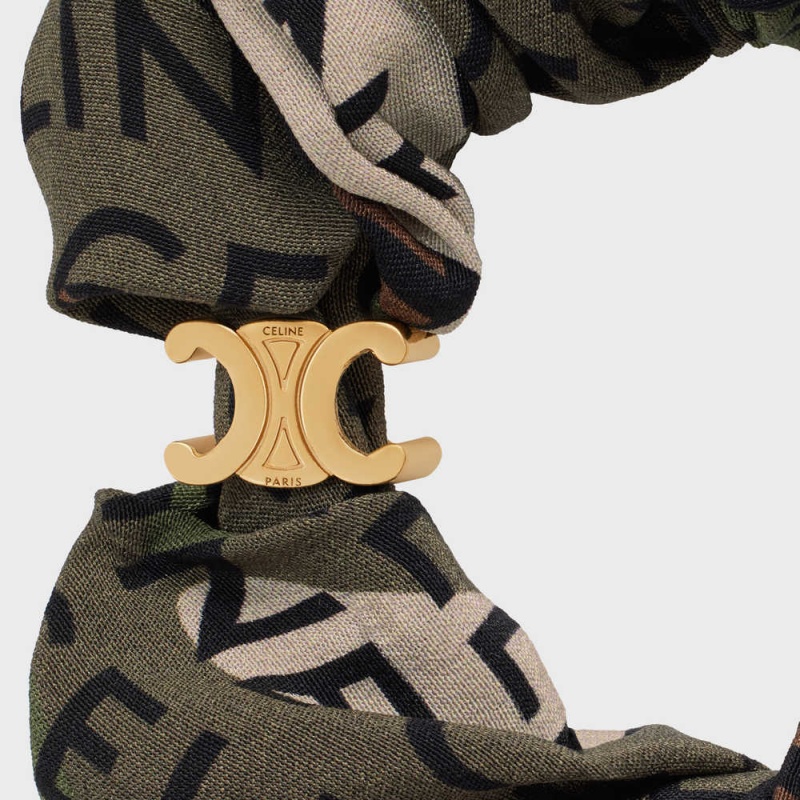 Celine Scrunchy Camouflage In Brass With Gold Finish And Khaki Silk Haaraccessoires Goud Khaki | CL-592326