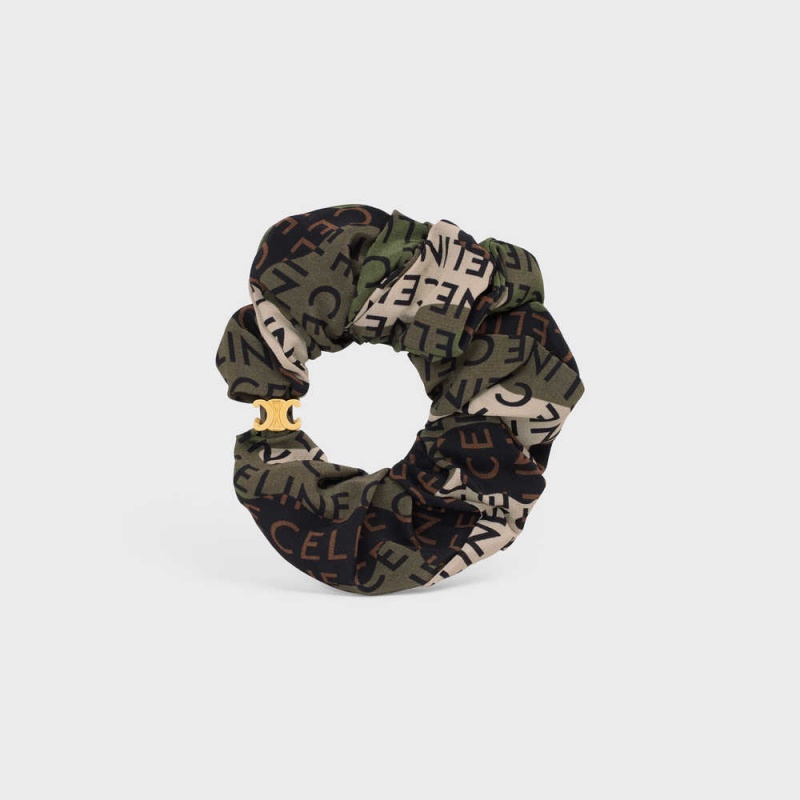 Celine Scrunchy Camouflage In Brass With Gold Finish And Khaki Silk Haaraccessoires Goud Khaki | CL-592326