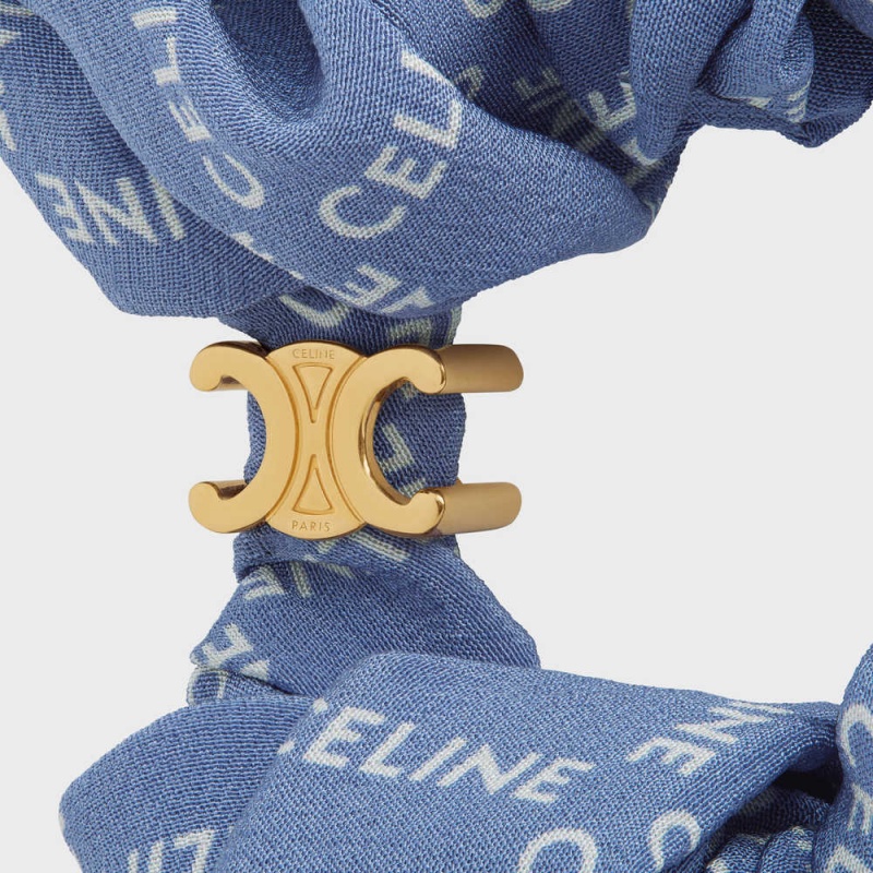 Celine Scrunchy Square In Brass With Gold Finish And Blue Silk Haaraccessoires Goud Blauw | CL-592329