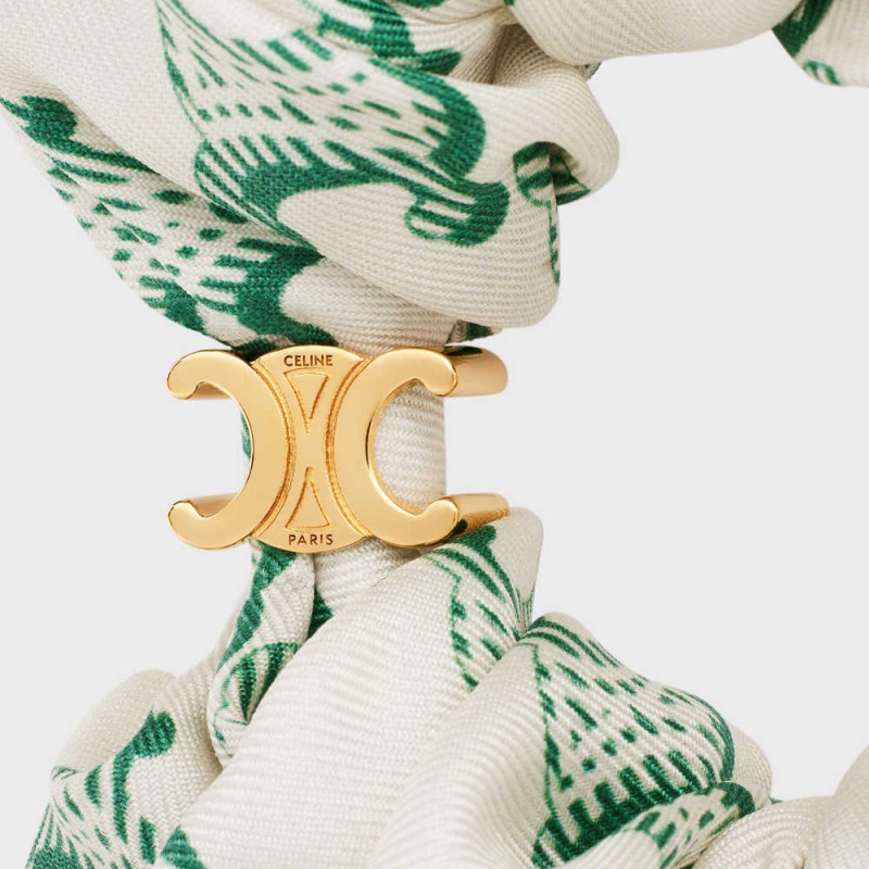 Celine Scrunchy Triomphe In Brass With Gold Finish And Silk Haaraccessoires Goud Wit Groen | CL-592331