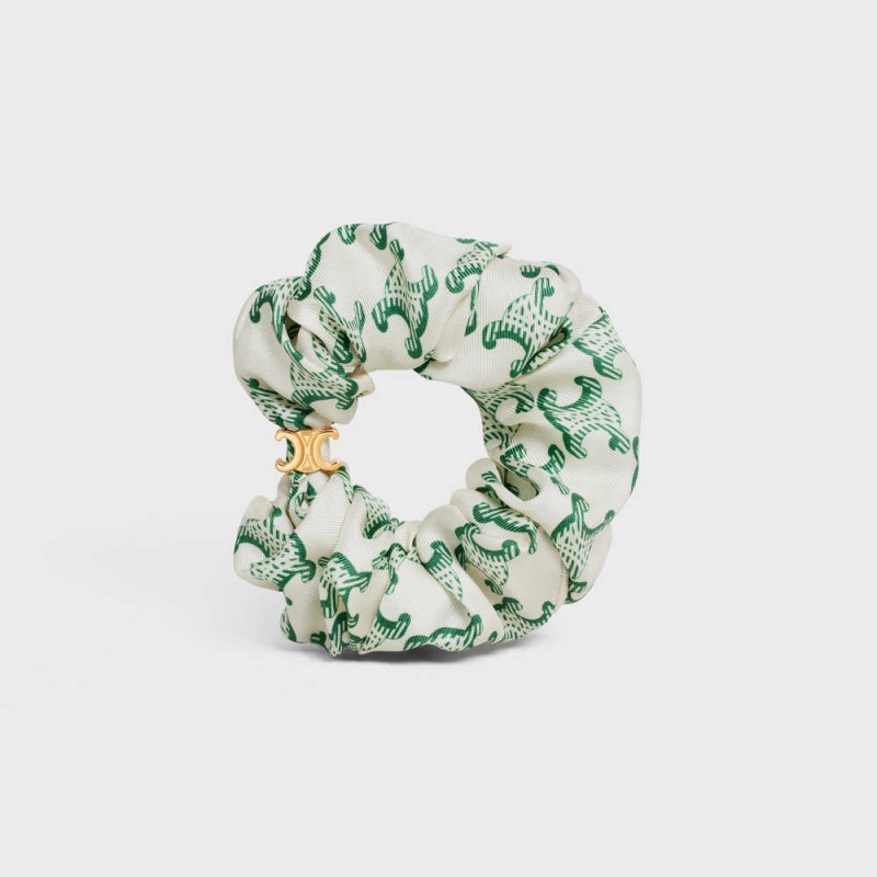 Celine Scrunchy Triomphe In Brass With Gold Finish And Silk Haaraccessoires Goud Wit Groen | CL-592331