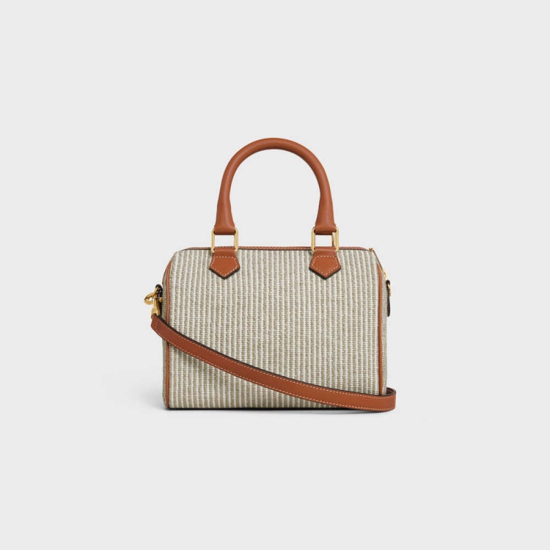 Celine Small Boston In Gestreept Textiel And Calfskin Cuir Triomphe Beige | CL-593151