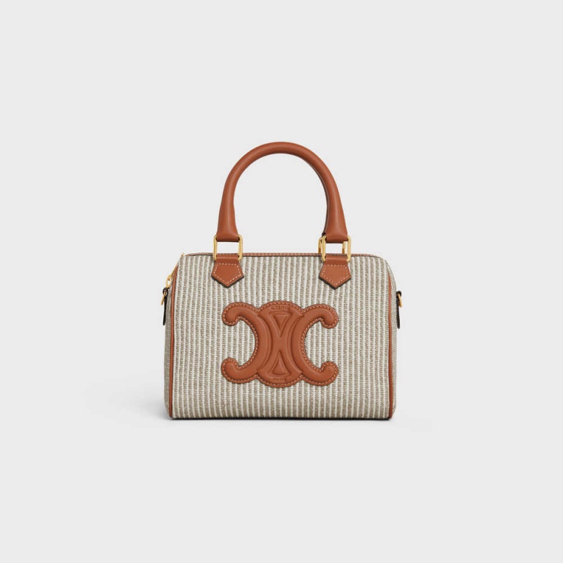 Celine Small Boston In Gestreept Textiel And Calfskin Cuir Triomphe Beige | CL-593151