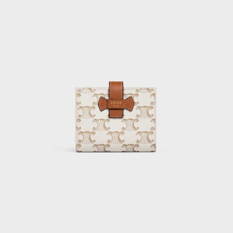 Celine Small Riemen Essentials In Triomphe Canvas And Lambskin Portefeuille Wit Bruin | CL-592988