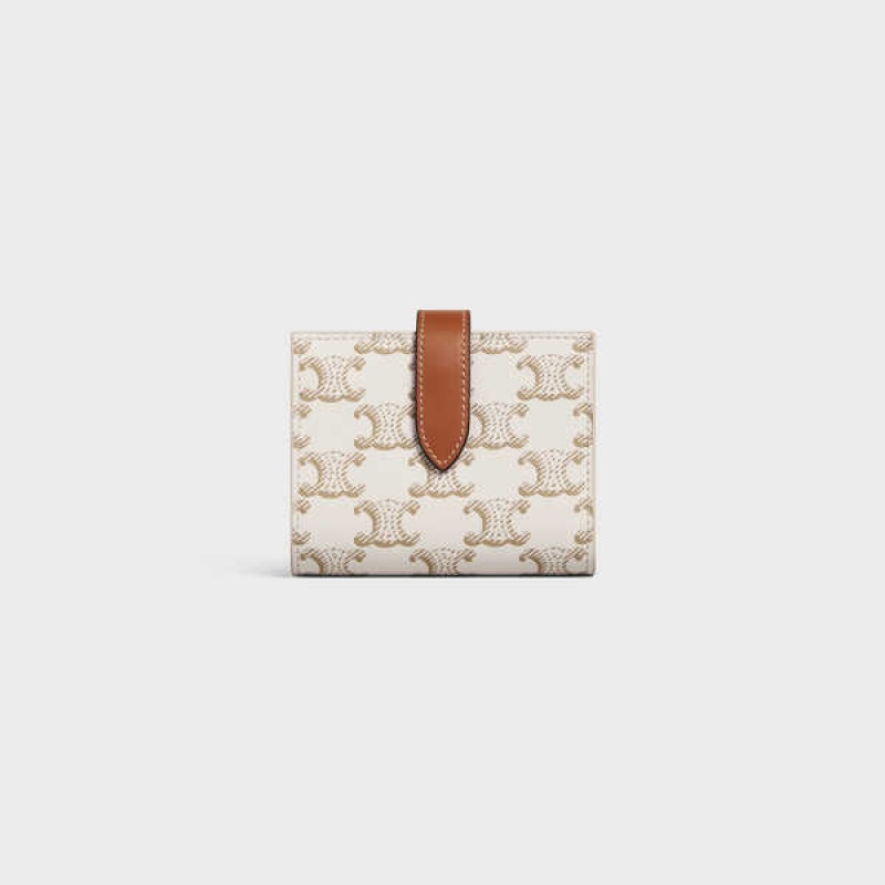 Celine Small Riemen Essentials In Triomphe Canvas And Lambskin Portefeuille Wit Bruin | CL-592988