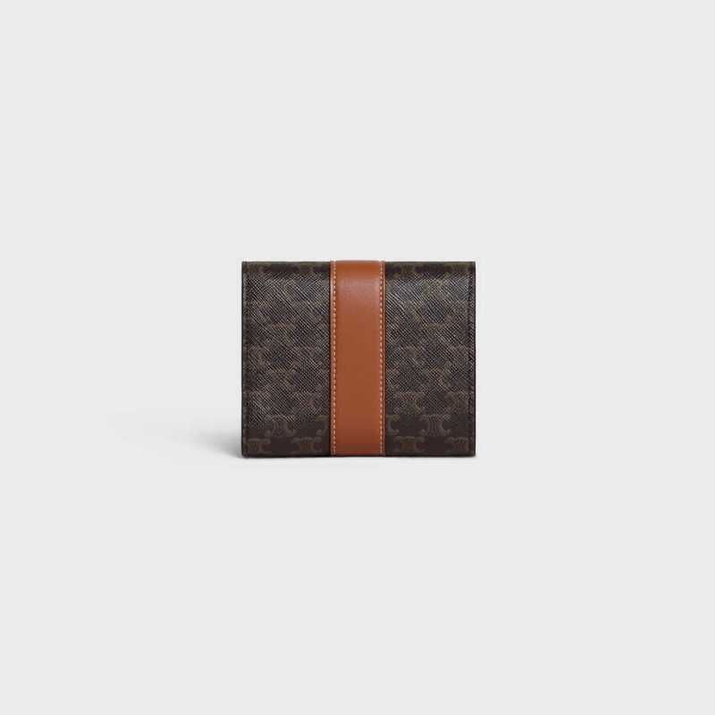 Celine Small Trifold In Triomphe Canvas And Lambskin Portefeuille Bruin | CL-593003