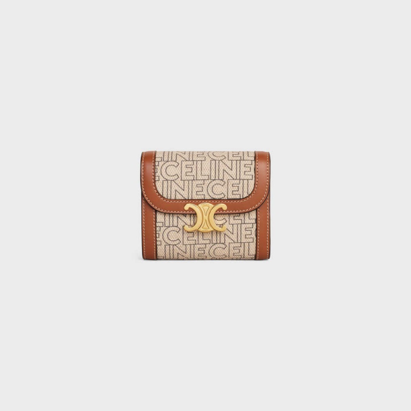 Celine Small Triomphe In Textiel All Over Print Portefeuille Beige Bruin | CL-592975