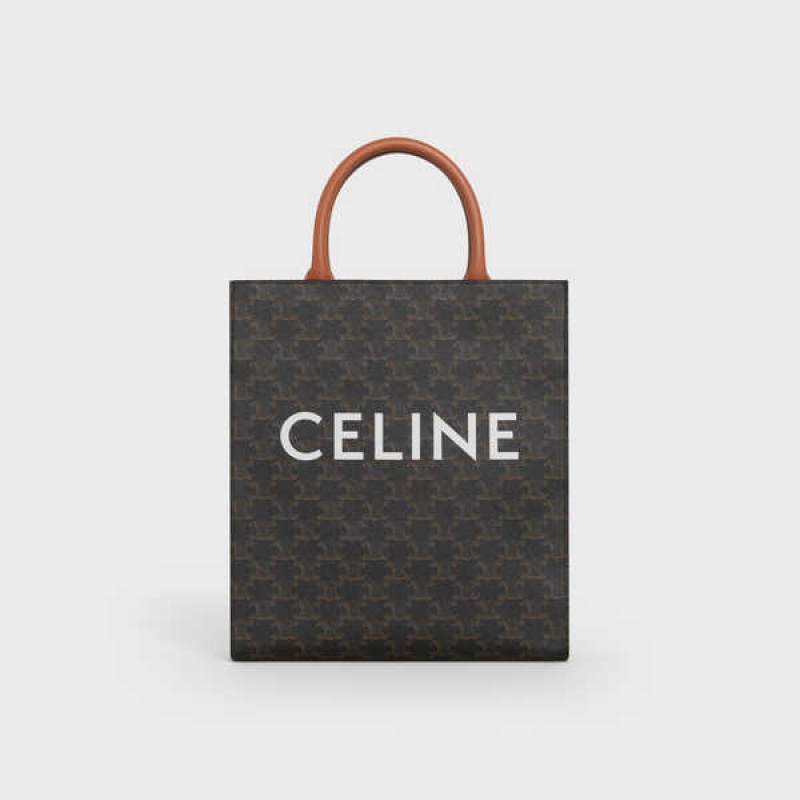 Celine Small Vertical In Triomphe Canvas And Calfskin Cabas Bruin | CL-593084