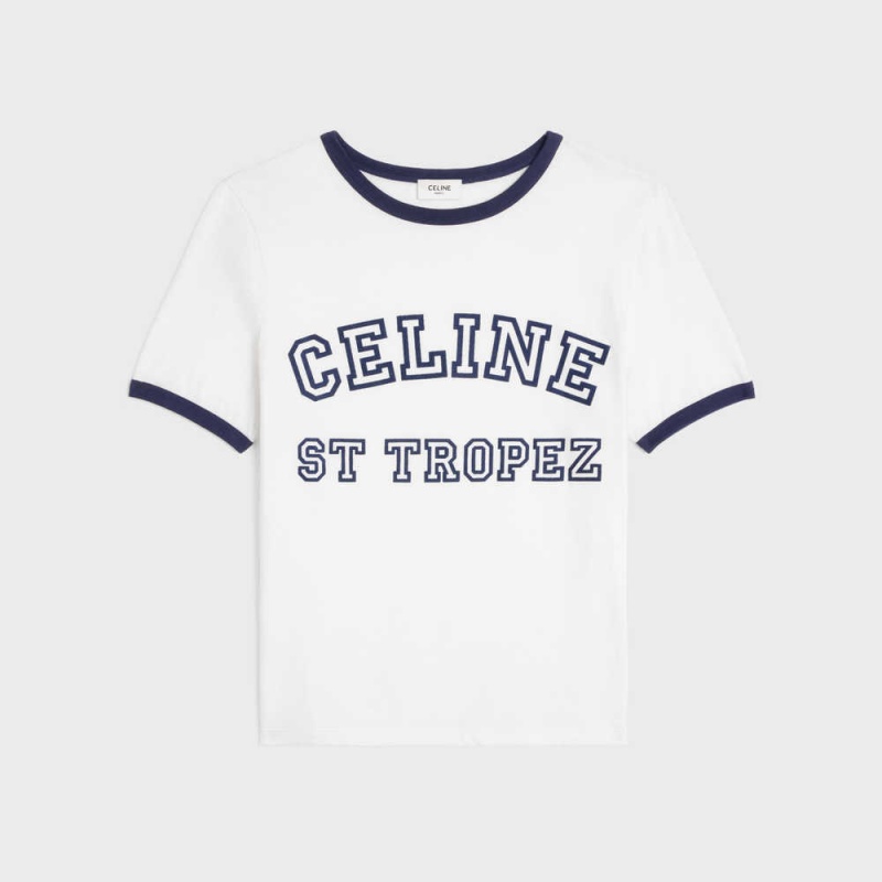 Celine St Tropez 70 S In Katoenen Jersey T-shirt Wit Donkerblauw | CL-592780