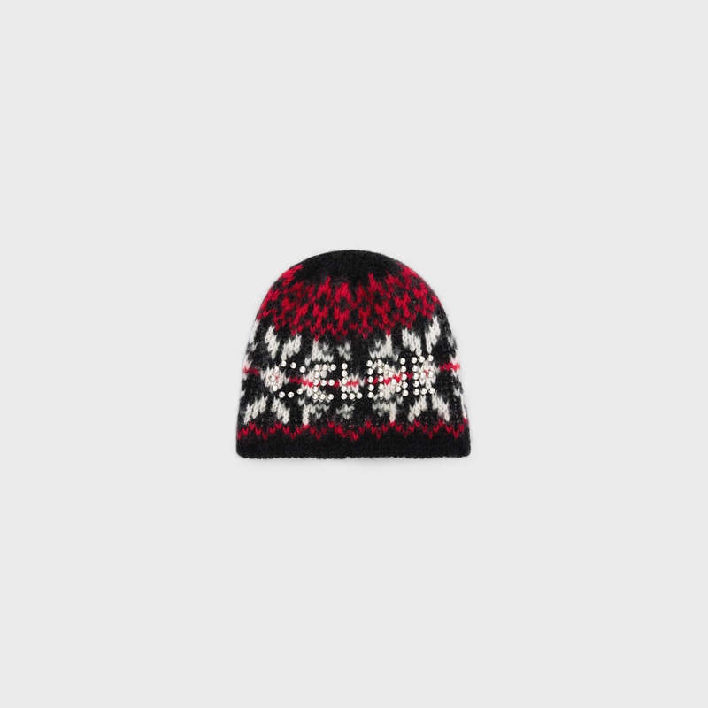 Celine Studs Beanie In Snowflakes Wol Hoed Zwart Rood Wit | CL-591719