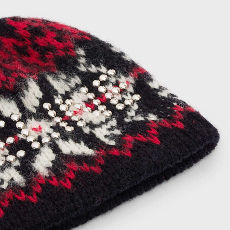 Celine Studs Beanie In Snowflakes Wol Hoed Zwart Rood Wit | CL-591719