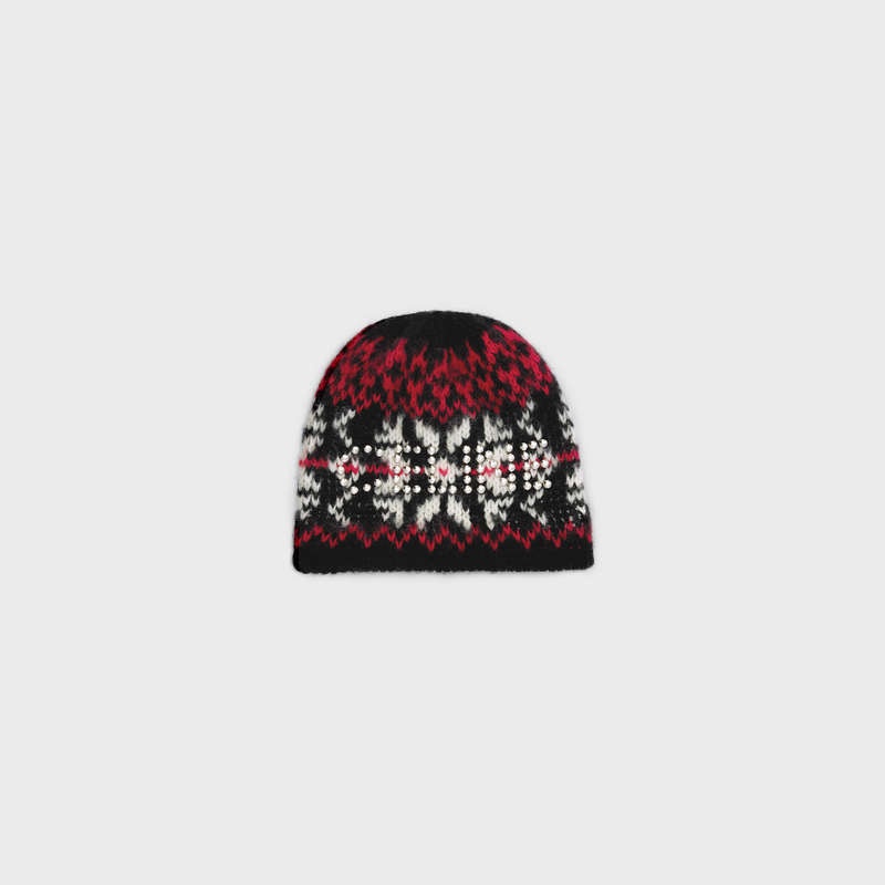 Celine Studs Beanie In Snowflakes Wol Hoed Zwart Rood Wit | CL-591719