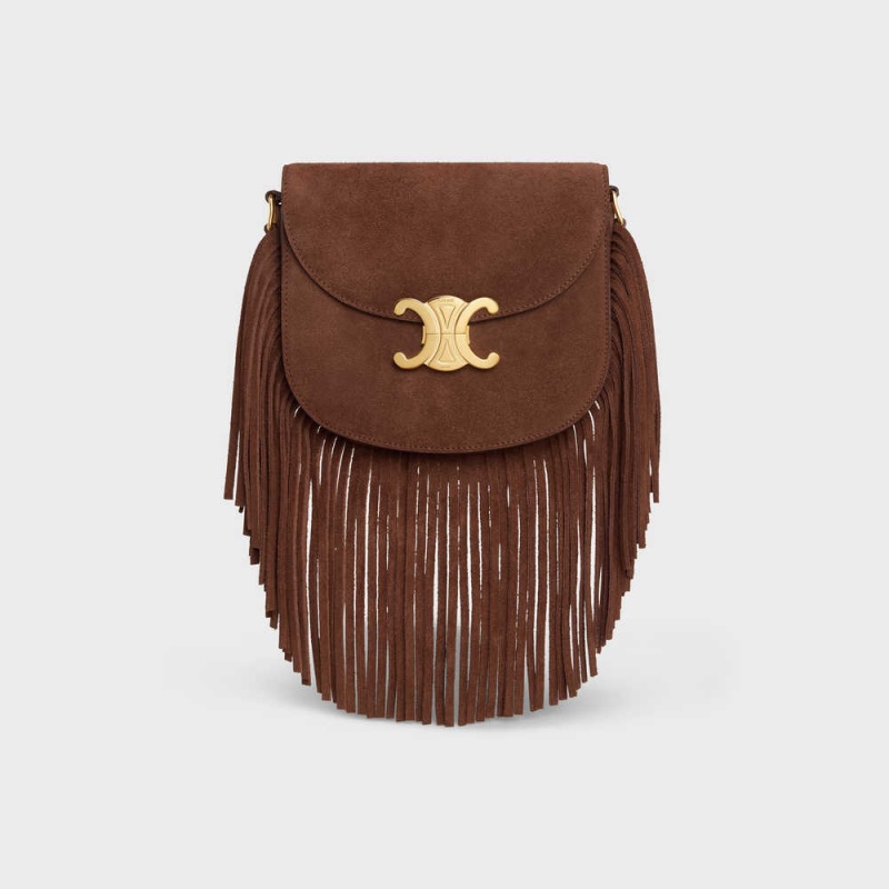 Celine Teen Besace With Fringes In Suede Calfskin Triomphe Bruin | CL-593221