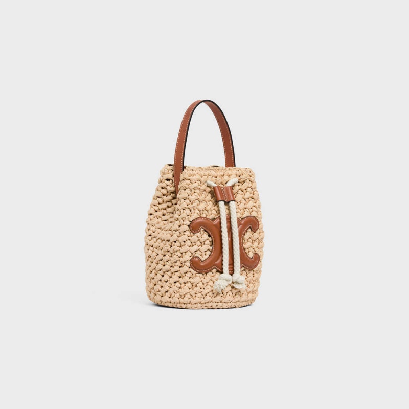 Celine Teen Drawstring In Raffia And Calfskin Panier Beige Bruin | CL-593071