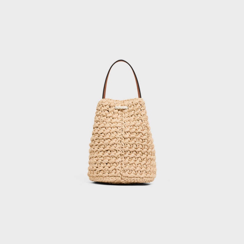 Celine Teen Drawstring In Raffia And Calfskin Panier Beige Bruin | CL-593071