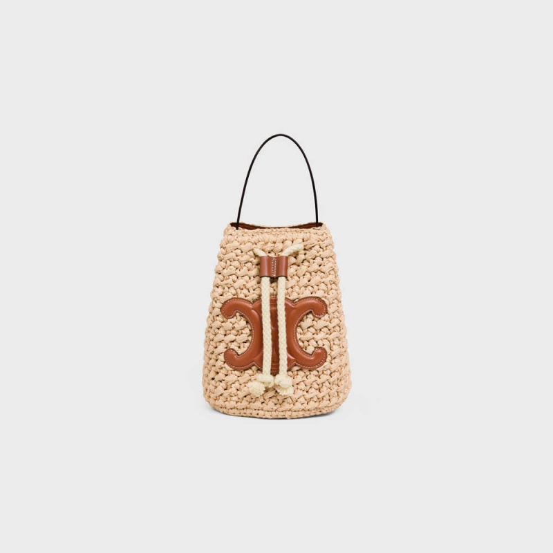 Celine Teen Drawstring In Raffia And Calfskin Panier Beige Bruin | CL-593071