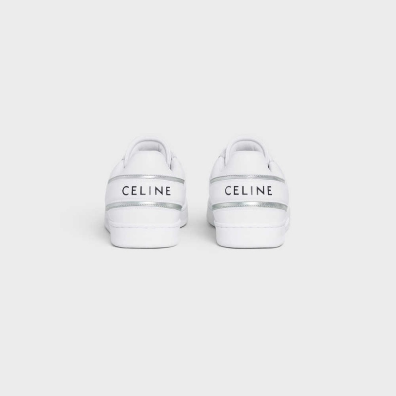 Celine Trainer Low Kanten-up In Calfskin & Laminated Calfskin Sneakers Wit Zilver | CL-592550