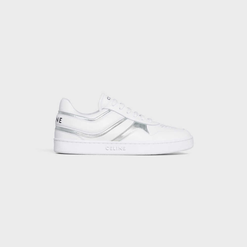 Celine Trainer Low Kanten-up In Calfskin & Laminated Calfskin Sneakers Wit Zilver | CL-592550