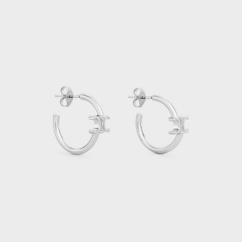 Celine Triomphe Asymmetric Hoops In Brass With Rhodium Finish Oorbellen Zilver | CL-592296