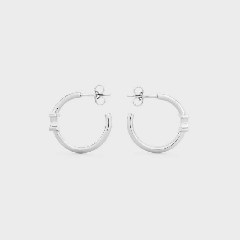 Celine Triomphe Asymmetric Hoops In Brass With Rhodium Finish Oorbellen Zilver | CL-592296