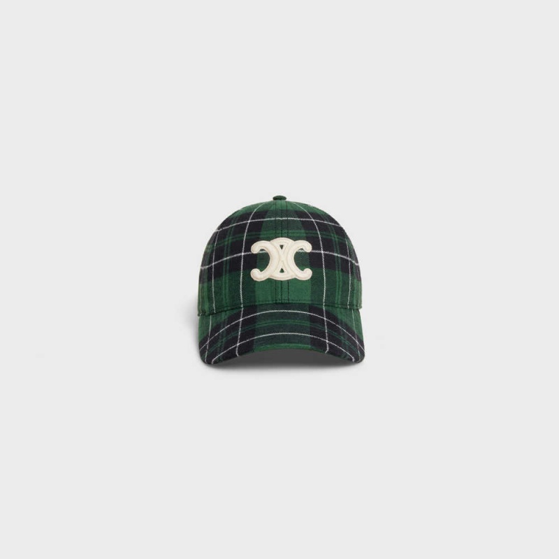 Celine Triomphe Baseball In Checked Flannel Pet Groen Zwart | CL-592359