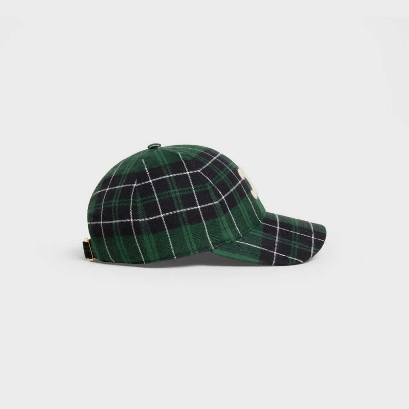 Celine Triomphe Baseball In Checked Flannel Pet Groen Zwart | CL-592359