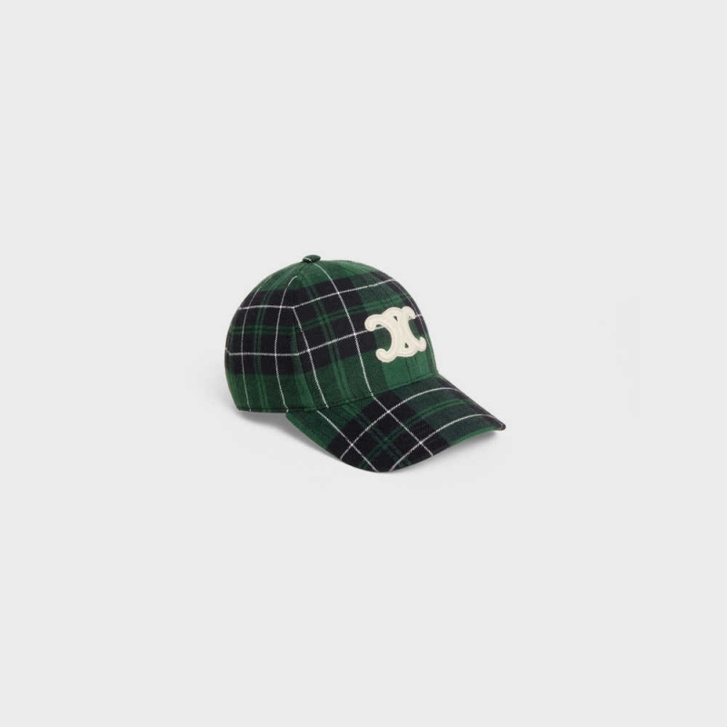 Celine Triomphe Baseball In Checked Flannel Pet Groen Zwart | CL-592359