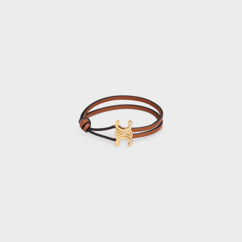 Celine Triomphe Clasp In Brass With Gold Finish And Tan Smooth Calfskin Armbanden Goud Bruin | CL-592205