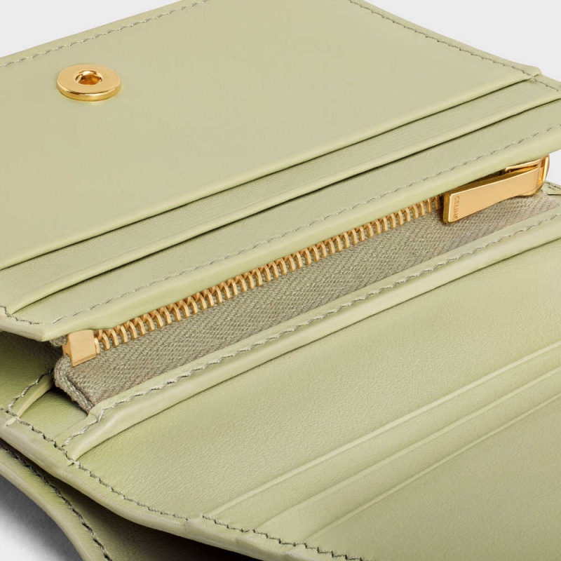 Celine Triomphe Compact In Shiny Calfskin Portefeuille Groen | CL-592966