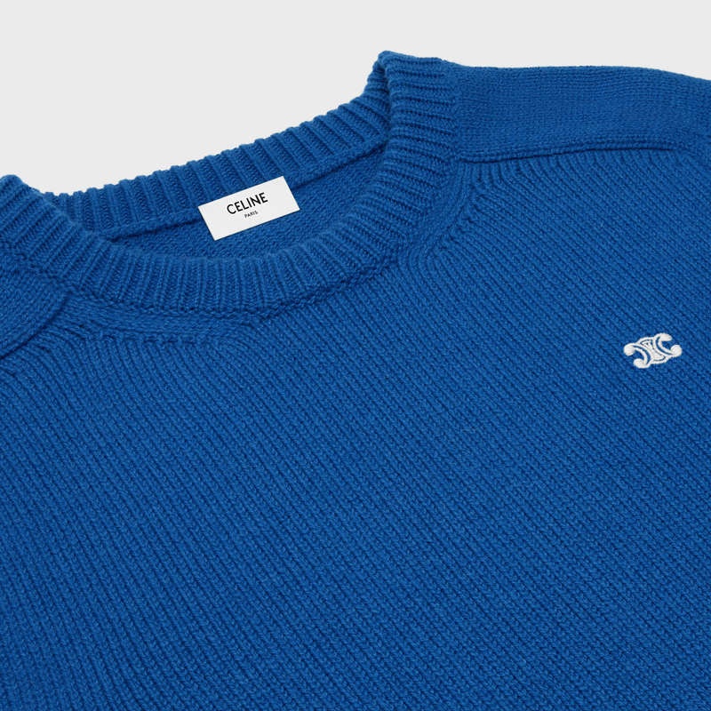 Celine Triomphe Crew Neck In Cashmere Wol Gebreide Kleding Koningsblauw Blauw | CL-592097