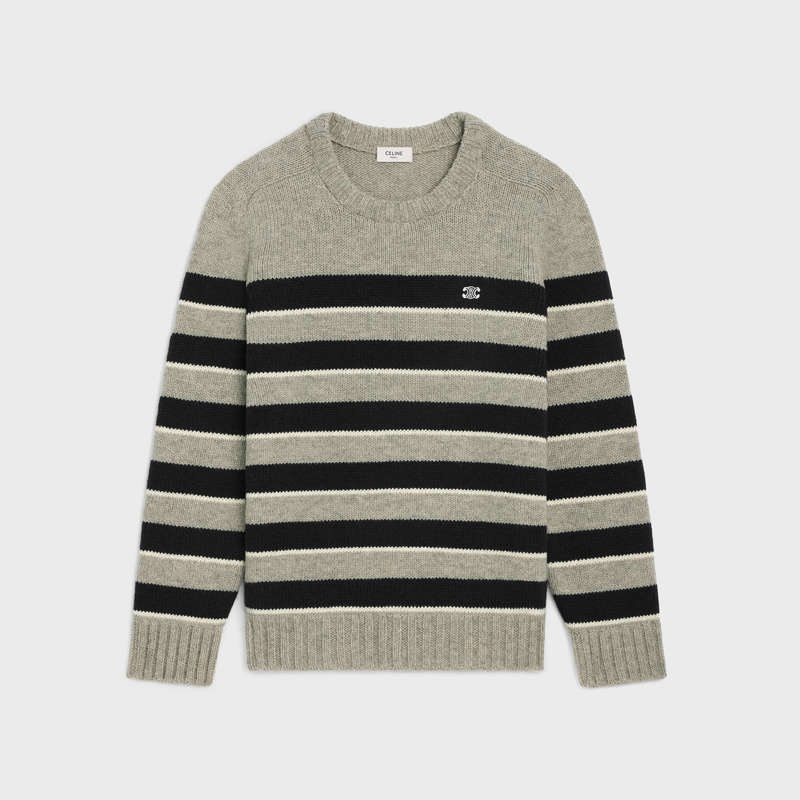 Celine Triomphe Crew Neck In Gestreept Wol Gebreide Kleding Lichtgrijs Zwart | CL-592100