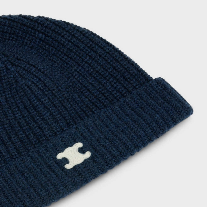 Celine Triomphe Embroidered Beanie In Heritage Cashmere Hoed Donkerblauw | CL-592371