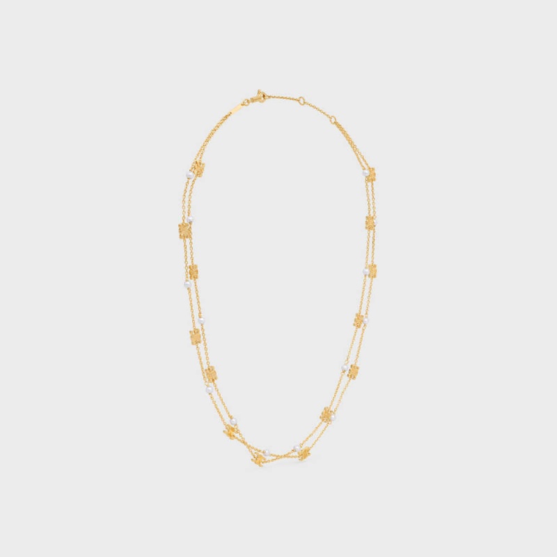 Celine Triomphe Pearl Double In Brass With Gold Finish And Resin Pearls Kettingen Goud Wit | CL-592241