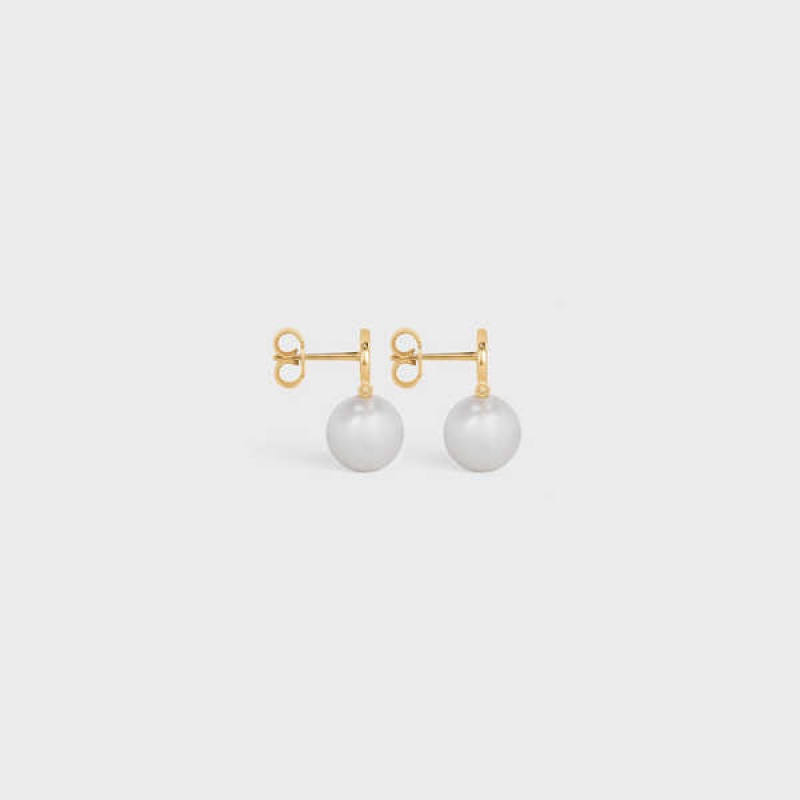 Celine Triomphe Pearl In Brass With Gold Finish And Glass Pearls Oorbellen Goud Wit | CL-592298