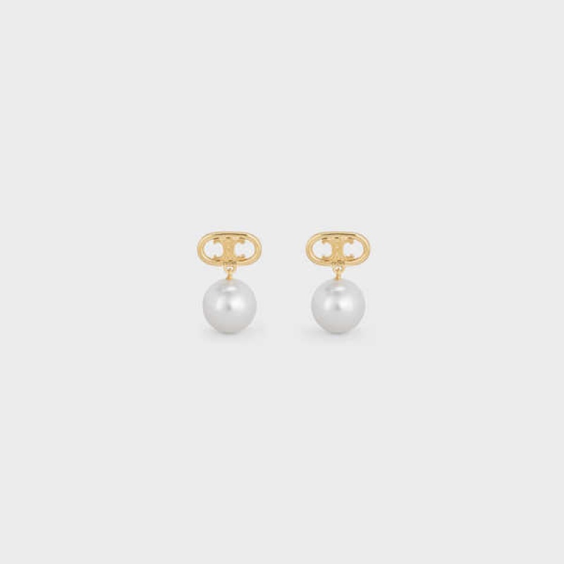 Celine Triomphe Pearl In Brass With Gold Finish And Glass Pearls Oorbellen Goud Wit | CL-592298