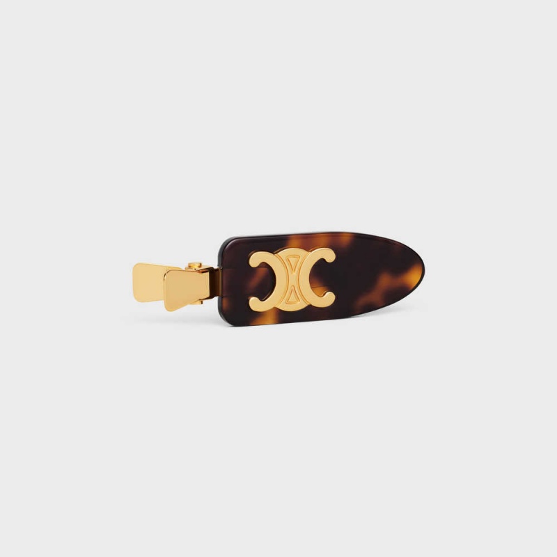 Celine Triomphe Platte Hair Clip In Dark Havana Acetate And Brass With Gold Finish And Steel Haaraccessoires Goud | CL-592322