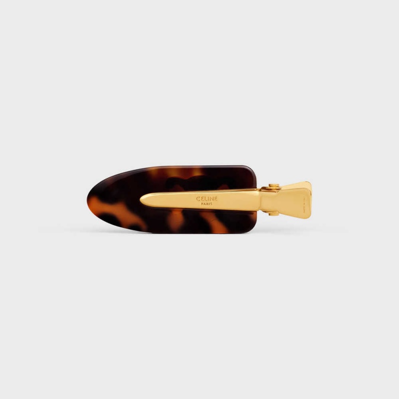 Celine Triomphe Platte Hair Clip In Dark Havana Acetate And Brass With Gold Finish And Steel Haaraccessoires Goud | CL-592322