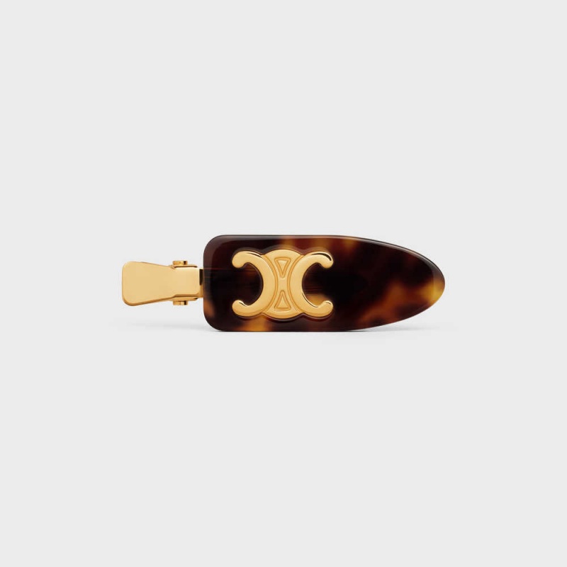 Celine Triomphe Platte Hair Clip In Dark Havana Acetate And Brass With Gold Finish And Steel Haaraccessoires Goud | CL-592322