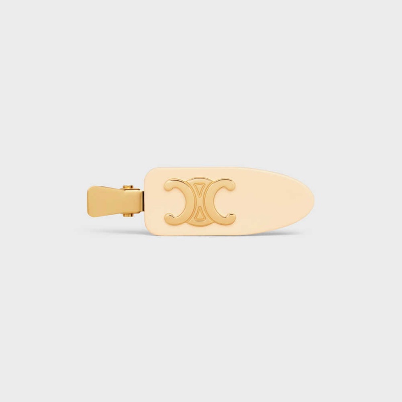 Celine Triomphe Platte Hair Clip In Vanilla Acetate And Brass With Gold Finish And Steel Haaraccessoires Lichtgeel Goud | CL-592323