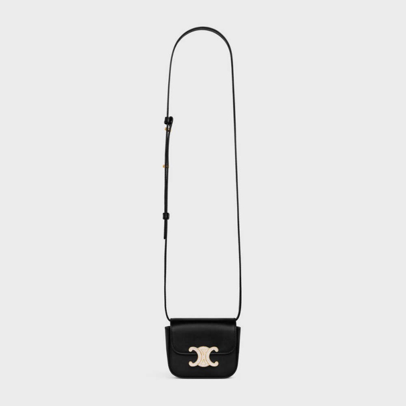 Celine Triomphe With Strass Closure In Shiny Calfskin Mini Tassen Zwart | CL-593012