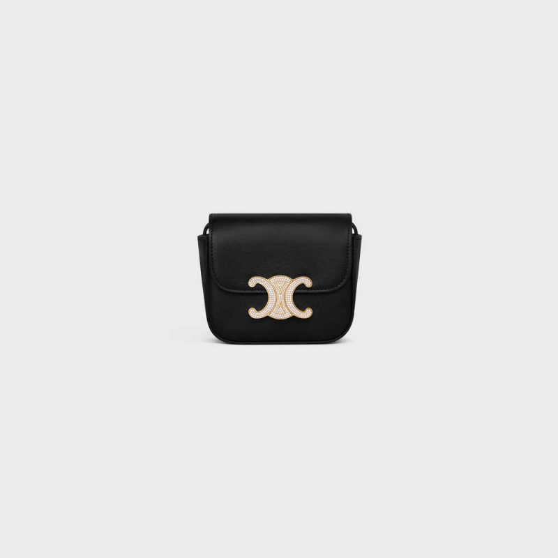 Celine Triomphe With Strass Closure In Shiny Calfskin Mini Tassen Zwart | CL-593012