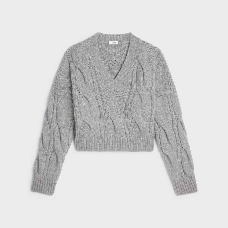 Celine V-neck In Cable-knit Cashmere And Silk Gebreide Kleding Lichtgrijs | CL-592705