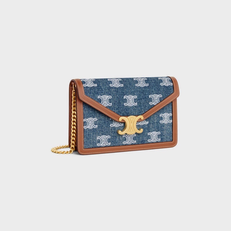 Celine Wallet On Chain Triomphe In Denim With Triomphe All-over Embroidery And Calfskin Mini Tassen Donkerblauw Bruin | CL-593027