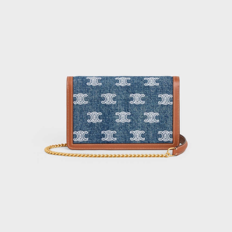 Celine Wallet On Chain Triomphe In Denim With Triomphe All-over Embroidery And Calfskin Mini Tassen Donkerblauw Bruin | CL-593027