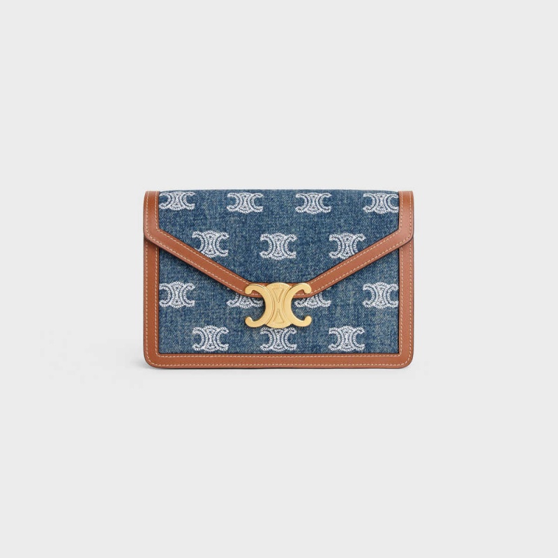 Celine Wallet On Chain Triomphe In Denim With Triomphe All-over Embroidery And Calfskin Mini Tassen Donkerblauw Bruin | CL-593027