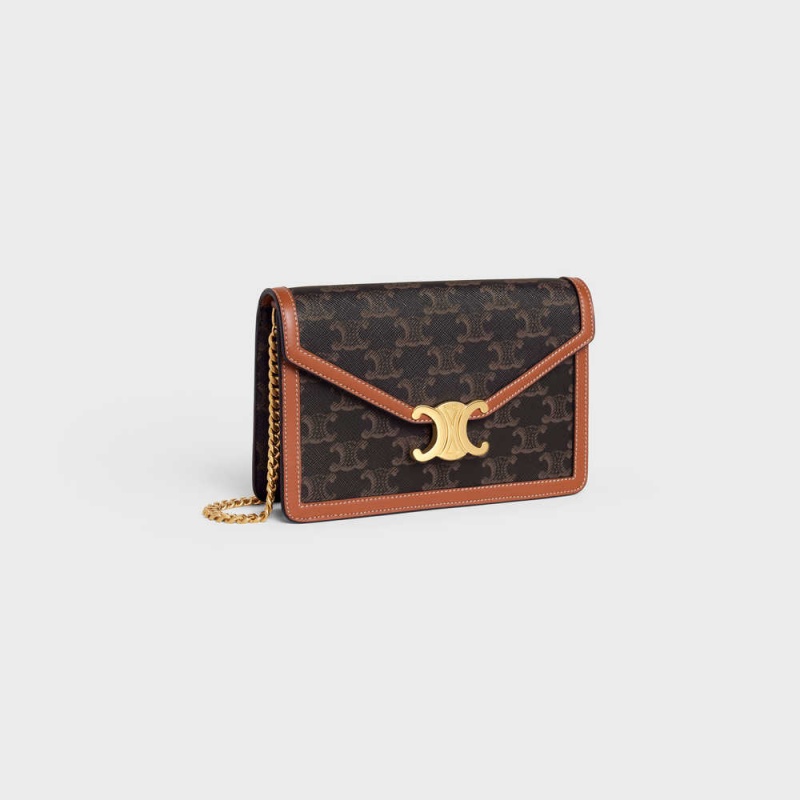 Celine Wallet On Chain Triomphe In Triomphe Canvas And Calfskin Mini Tassen Bruin | CL-593025