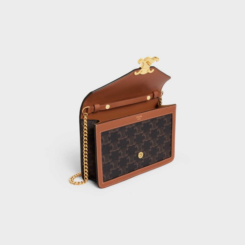 Celine Wallet On Chain Triomphe In Triomphe Canvas And Calfskin Mini Tassen Bruin | CL-593025