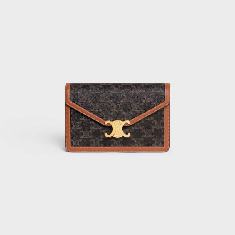 Celine Wallet On Chain Triomphe In Triomphe Canvas And Calfskin Mini Tassen Bruin | CL-593025