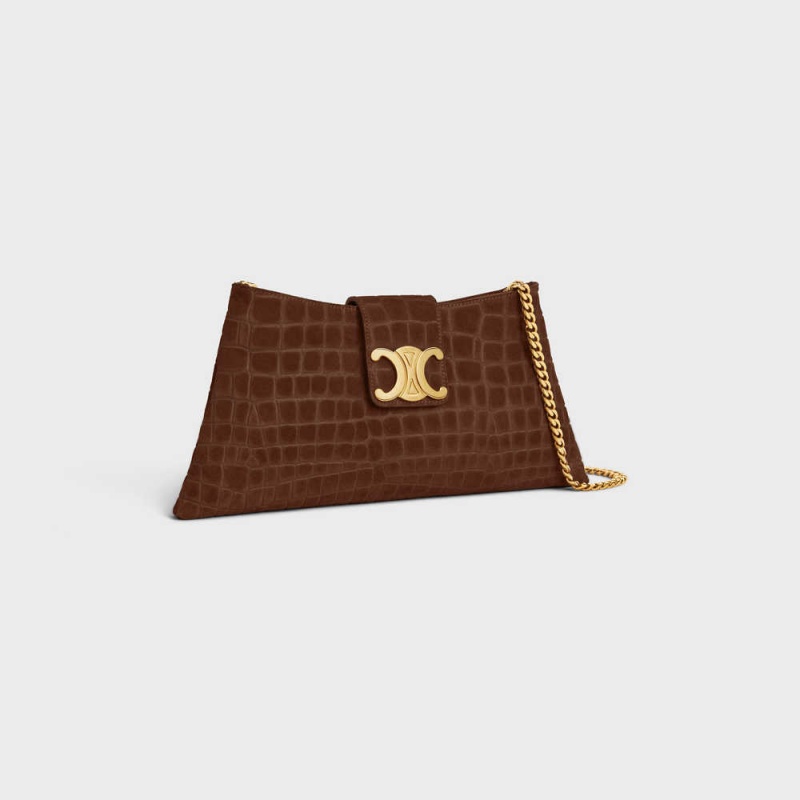 Celine Wiltern Clutch Soft In Crocodile Embossed Suede Calfskin Triomphe Bruin | CL-593176